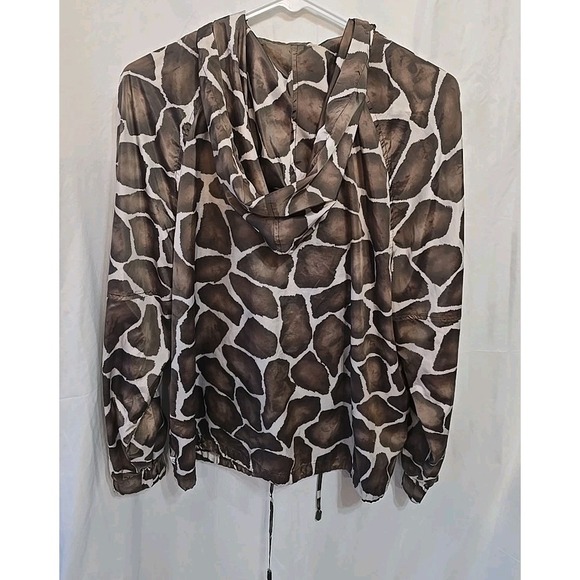 Zenergy By Chicos Brown Giraffe Print Light Hooded‎ Jacket Zip Front SZ 2=L - Picture 9 of 15